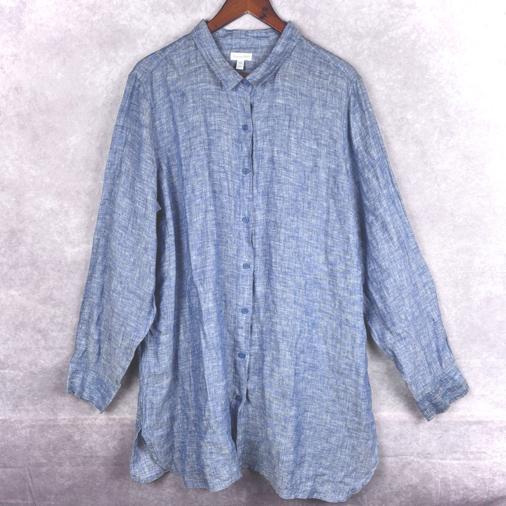 Garnet Hill Womens 100% Linen Button Up Shirt Tunic Blue Lightweight Coastal XL